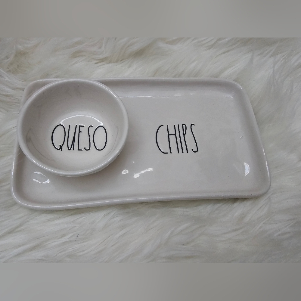 Set of 2 Rae Dunn Queso & Chips Ceramic Plate Tray